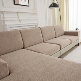 Jialudora Couch Cushion Covers Chaise Couch Cover Stretch Sectional Sofa Slipcover Washable Wear-Resistant Furniture Protector(Khaki,1 Piece for Chaise or Sofa 3-Seater)