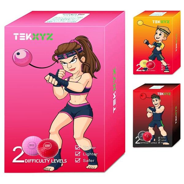 TEKXYZ Boxing Reflex Ball, 2 Difficulty Levels Boxing Ball with Headband, Softer Than Tennis Balls, Great for Reaction, Agility, Punching Speed, Fight Skills, Hand and Eye Coordination Training