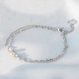 FH.bird Pearl Bracelet, Women's, Wedding Brand, Hypoallergenic, 925 Silver, 2 Strands, Simple Bracelet, Women's, Birthday Gift, Silver
