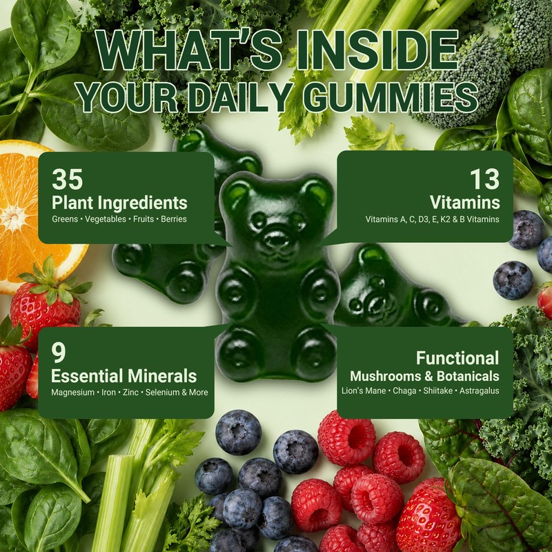 Greens Gummies, Green Supplements with Multivitamins & Minerals | Sugar
