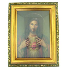 Italian Lithograph Sacred Heart of Jesus Print in Antique Gold Tone Frame with Glass, 6 1/2 Inch