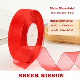 MUWOOB 1 inch Red Organza Ribbon, 50 Yard Sheer Chiffon Ribbon for Gift Wrapping, Transparent Tulle Ribbon for Holiday Presents, Birthday Cards, Wedding Party Decoration, Hair Bows Making
