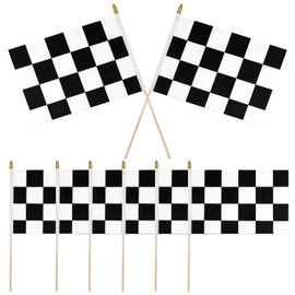 12pcs Racing Flags, 8x5.5in Small Mini Race Checkered Flags on Sticks with Spear Top Handheld Black and White Car Flags Reusable Checkered Stick Flags for Party Decorations