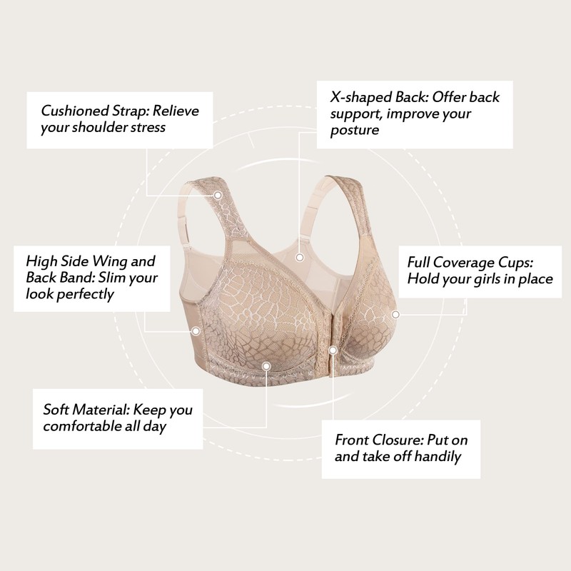 HACI Women's Front Closure Full Coverage Back Support Posture Bra