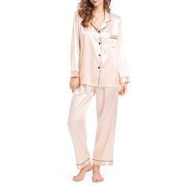 Finvizo Womens Silk Satin Pyjamas Set: Ladies Pajamas Long Sleeve Pj Set Two-piece Sleepwear Silky Button-down Nightwear Soft Loungewear Sets, XXL Champagne