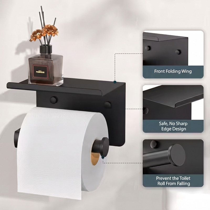 Wall-Mounted Toilet Paper Holder with Shelf – Black Stainless Steel