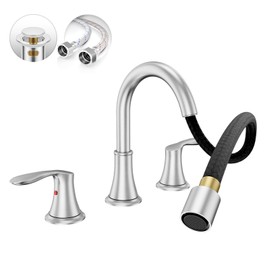Phiestina 8 Inch Brushed Nickel Widespread Bathroom Faucet - Pull-Out Sprayer, Metal Pop-Up Drain, Water Supply Lines, 2 Handles for 3-Hole Sinks,WFTY36CL-BN