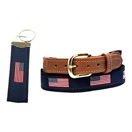 AQUALARM American Flag Belt on Navy Webbing, Leather Tips, with American Flag Key Chain (Navy, 48 (46 waist size))