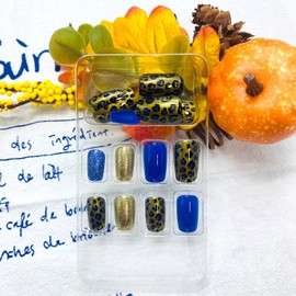LWTZLW Fall Leopard Press on Nails Short Square Fake Nails Gold Glitter Full Cover Glue on Nails Blue Gold Design Oval Acrylic False Nail Autumn Glossy Artificial Nail Reusable for Women