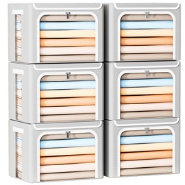 Yecaye 6 Pack Clothes Storage Bins with Metal Frame, 40L Foldable Storage Bin for Clothes, Stackable Metal Frame Storage Box with Lid, Linen Fabric Box Organizer with Clear Window & PU Handles,Grey