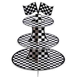 3-Tier Round Cardboard Cupcake Stand, Racing Car Theme Cardboard Cupcake Holder, Car Theme Dessert Display Stand Tower, Black and White Checkered Car Party Decorations Supplies
