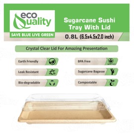 EcoQuality Medium Compostable Sushi Trays with Lids - Natural Sugarcane Bagasse Take Out Sushi Container - Biodegradable, Disposable Sushi Plate with Lid, Eco Friendly, To go, Serving Tray (50)