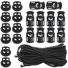 20 PCS Plastic Cord Locks & 50 ft Elastic Bungee Cord, SourceTon 10 PCS Single-Hole, 10 PCS Double-Hole ABS Spring Toggles with 5/32" Elastic Shock Cord for Backpacks, Luggage (Black)