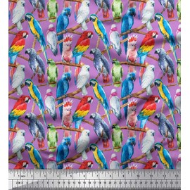 Soimoi Purple Moss Georgette Fabric Branch & Colorful Parrot Bird Decor Fabric Printed metre 42 Inch Wide