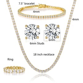 Gemsme 18K Yellow Gold Plated Tennis Necklace/Bracelet/Earrings/Band Ring Sets Pack of 4 (5)