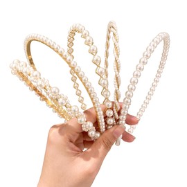 5pcs Pearl Headbands for Women, Artificial Pearl Hair Accessories Non-Slip for Girls, Elevated Headpiece Bridal Hair Pieces for Wedding Party Prom