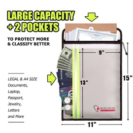 ROLOWAY Fireproof Document Bag (15 x 11 inch) with 2 Pockets, Fire Safe Envelope Bag for Cash, Legal Documents (Silver)