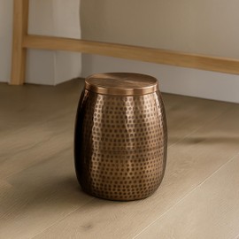 happimess SSL2001C Merida 15" Modern Rustic Hammered Metal Drum Storage Side Table with Lid, End Table for Decoration in Living Room, Bedroom, Bathroom, Antique Copper