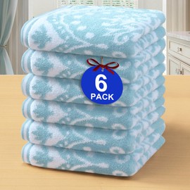 Cotton Wash Cloths for Showering (6PC, 13"x13") - Quick Dry | Thick | Absorbent, Soft Face Towels for Bathroom, Damask Jacquard Washcloth Set, Bathroom Decor & Home Essentials, Aqua and White
