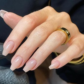 KQueenest Nude Press On Nails Almond Short Ballerina, Jelly Gel Coffin Nails for Sticking Short, Shiny Fake Nails Fingernails for Sticking, Simple Acrylic Nails for Women Manicure, Pack of 24