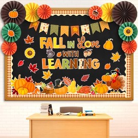 Eersida 79 Pcs Fall Bulletin Board Decorations with Paper Fans Autumn Thanksgiving Classroom Bulletin Board Set Maple Leaves Pumpkin Turkeys Cutouts for Thanksgiving Holiday School Home Wall Decor