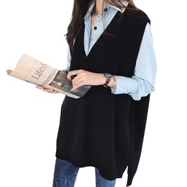 Guooryvner Knit Vest, Women's, Sweater Vest, Spring, Autumn, Winter, Knit, Large Size, V Neck, Loose, Sweater, Office Vest, Spring Clothing, Long, Oversized, Thin, Sleeveless, Stylish, Top, Casual, Commuting to Work