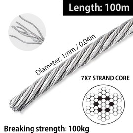 1mm 304 Wire Rope Stainless Steel Wire Cable 100m Length 7x7 Cross Section 100kg Breaking Load stainless steel cable with 100 Pcs Aluminum Crimping Clamps Loop Sleeve (Diameter: 1mm Length: 100m)