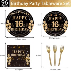 96Pcs 16th Black Gold Birthday Party Supplies Include Birthday Plates and Napkins Forks 16 Years Old Birthday Decorations for Girls Boys 16th Birthday Disposable Party Favors Serves 24 Guests