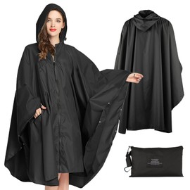 SOPPY Raincoat for Women, Long Rain Poncho, Waterproof Rainwear, Rain Jacket, Windproof Rain Cape, Raincoat, Rain Protection Clothing with Flap Pocket, Hood, Drawstring, black