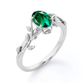 DONGHU Sterling Silver 1ct Oval Vine Emerald Rings Lab Created Emerald Leaf Rings for Women Leaf Design Engagement Rings Best Gift for Christmas Anniversary Birthday Size 5