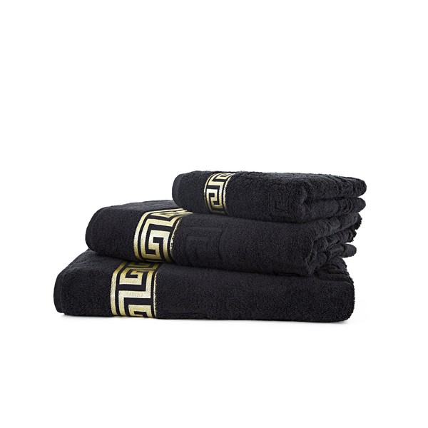 Arle-Living Luxury Medusa Guest Towels 30 x 50 cm in Pack of 4 Finest Cotton/High Pile Terry Cloth with Medusa Flat Embossing and Golden Medusa Border (Black/Black, Pack of 4 Guest Towels 30 x 50 cm)