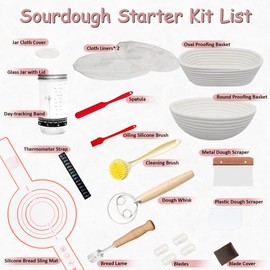 Johaus Banneton Proofing Baskets, 9" Round & 10" Oval Sourdough Bread Baking Supplies, Complete Sourdough Starter Kit with 24oz Sourdough Glass Jar Whisk Scrapers Bread Lame Silicone Brush Sling