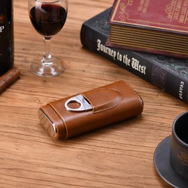 SEEJI Cigar Case Travel - Cigar Humidor Accessories - Cigar Box with Cutter Gift for Men (Brown)