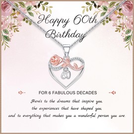 60th Birthday Gifts for Women 925 Sterling Silver Birthday Necklace Decades Necklace Rose Heart Necklaces Silver Necklaces for Women Valentines Day Birthday Gifts Ideas for Mum Wife Girlfriend
