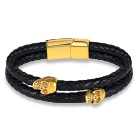 INFINIONLY Men's Multilayer Braided Leather Bracelet Fashion Stainless Steel Skull Bracelets for Boys with Stainless Steel Buckle, Leather
