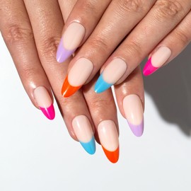 TENPAL French Tip Press On Nails Short Almond Reusable Candy Color Glue on Nails Short In 24pcs/Box Soft Gel Fake Nail Kit Classic Ballet French False Nails With Glue Spring Summer Nails For Women