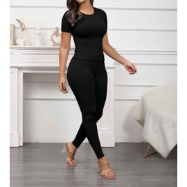 PINSV 2 Piece Sets for Women Summer Casual Jogger Workout Outfits Fitted Crew Neck T-shirt High Waist Legging Sets Black 2XL