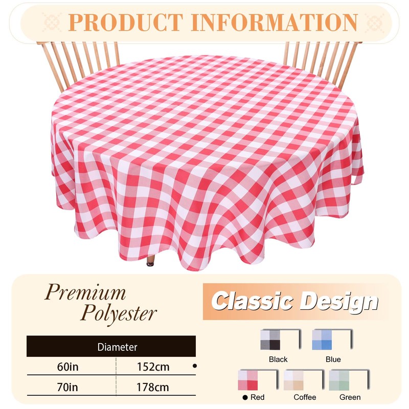 Kesfey Red Gingham Round Tablecloths Polyester 152cm Diameter,Checkered Tablecloth Spillproof