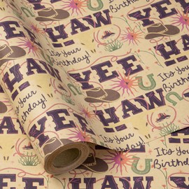 RUSPEPA Western Birthday Wrapping Paper Roll, Mini Roll, Kraft Gift Wrap with YEE HAW, Cowboy Hat, Horseshoe and Cactus Design Perfect for Boys' Birthday Party Celebration, 17 Inches X 16.4 Feet
