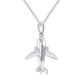 Pretty Jewels 0.11 Ct Natural Diamond 925 Sterling Silver Flying Airplane Pendant Necklace for Woman (I1-I2/G-H) (White-Gold-Plated-Silver)
