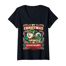 Womens Alaskan Malamute My Christmas Spirit Dog Santa Claus Elf V-Neck T-Shirt