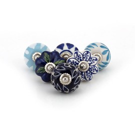 ALV Ceramic Knobs Gold Drawer Pulls and Knobs Blue and White Door knobs for Drawers Vintage Handmade Mandala Cabinet Handle for Kitchen Wardrobe Furniture - Pack of 06 Knobs