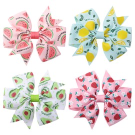 WRBAJIS 4Pcs Fruit Hair Bows Clips Summer Fruit Bow Hair Barrettes Strawberry Watermelon Lemon Avocado Hair Pins Cute Hair Accessories for Women Girls Spring Summer Party Favors Green Yellow Red Pink