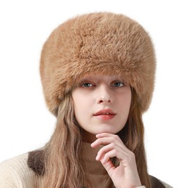 Peicees Winter Faux Fur Hat for Women Girls Cossack Russian Style Ladies Ushanka Fuzzy Furry Hat Warm Fluffy Bucket Hat Light Khaki