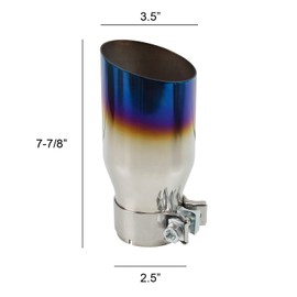 TC Sportline Mirror Polished Stainless Steel Exhaust Muffler Tip with Blue Burnt Angle Cut Tip, 2.5" Inlet 3.5" Outlet, Universal Fit and Bolt-On Design