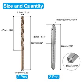 sourcing map Tap and Drill Bit Set, 2pcs 1/4-28 UNF Straight Flute Thread Screw Taps & 2pcs 5.5mm Twist Drill Bits, Uncoated/Roasted Yellow HSS-6542/M35 HSS-CO Tapping Threading Tool Kit