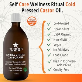 The Goodbye Company Aceite De Ricino Virgen Extra - 4.25Oz - Aceite De Ricino Puro Prensado En Frío Sin Refinar, Sin Hexanos - Para Piel Natural Saludable, Crecimiento Del Cabello Y Pestañas (120Ml)