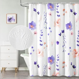 QIYI Watercolor Floral Shower Curtain, 3D Embossed Butterflies Blue Purple Flower Bathroom Curtain, Minimalist White Cloth Bath Curtain, Waterproof Fabric Textured Shower Curtain Set with Hooks, 72x72