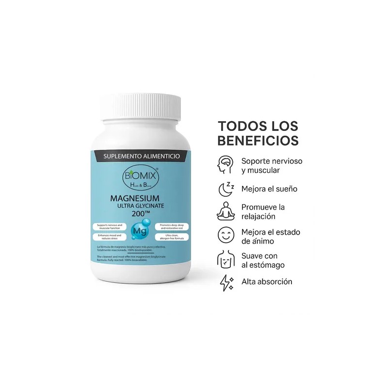 Magnesio Bisglicinato Puro Biomix Health Beauty 200 Sueño Estrés Cápsulas