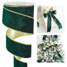HUIHUANG Green Velvet Wired Ribbon 2.5 inch Dark Green Velvet Ribbon with Gold Glitter Christmas Ribbon for Christmas Tree, Bows, Wreaths, Garlands, Gift Wrapping, Home Decor- Continuous 10 Yards